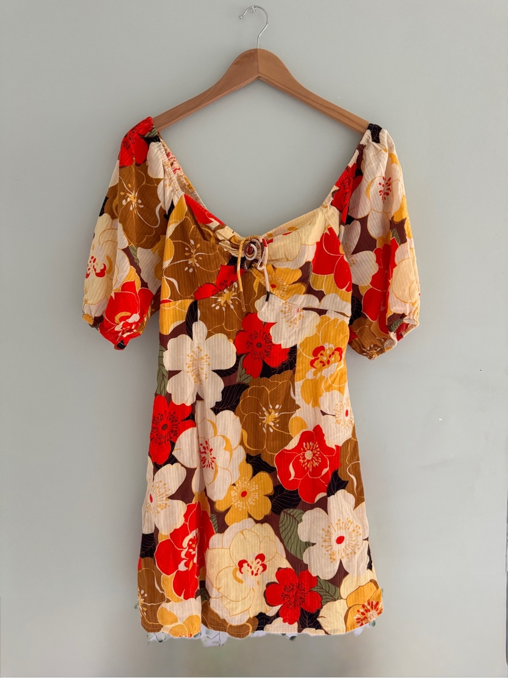 Billabong Red, Yellow & Brown Floral Puff-Sleeve Mini Dress